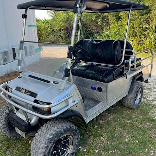 A silver golf cart with black seats and a black canopy is parked on a grassy area next to a building with trees in the background, seen in the image.