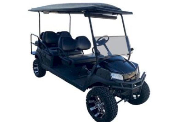 This image shows a black, four-seater golf cart with rugged tires and a roof, designed for off-road use.