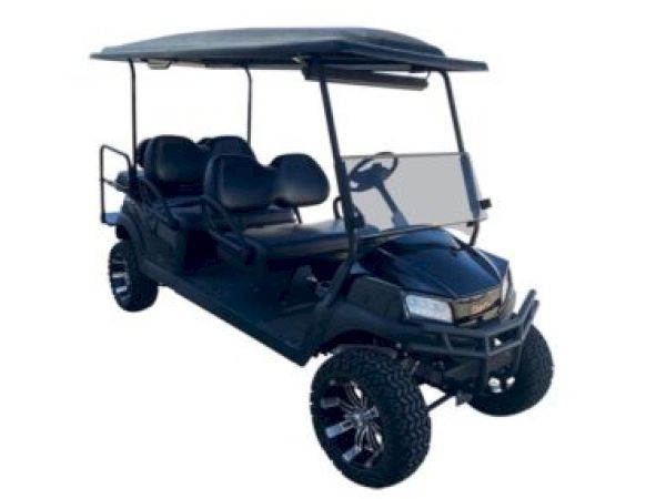 This image shows a black, four-seater golf cart with rugged tires and a roof, designed for off-road use.