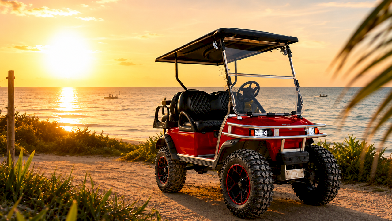A red off-road golf cart drives along a sandy beach at sunset, with the ocean and warm sunlight in the background.