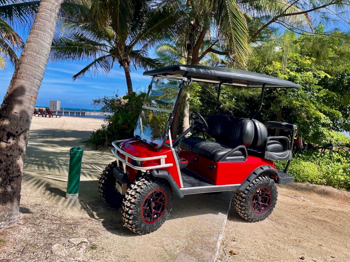 A red off-road buggy sits by a sandy beach, framed by palm trees and the blue ocean beyond.